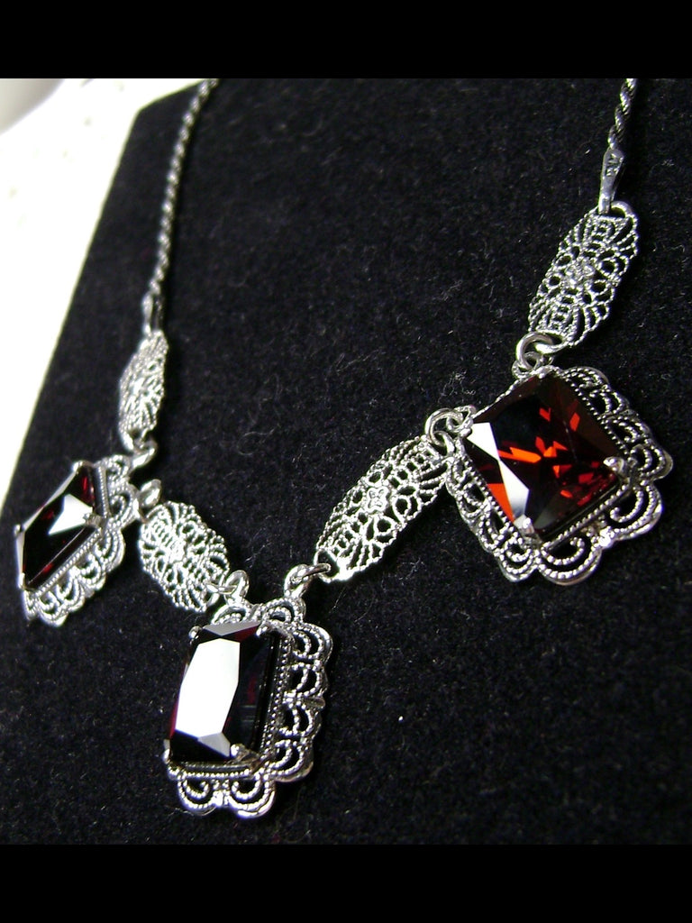Red garnet CZ Festoon Necklace, Sterling Silver Filigree, Victorian Jewelry, Silver Embrace Jewelry, P8