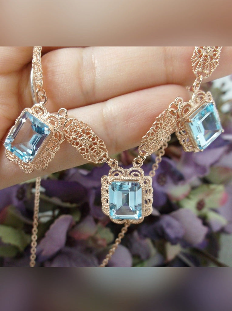 Natural Blue Topaz Festoon Necklace, Rose Gold plated Sterling Silver Filigree, Victorian Jewelry, Silver Embrace Jewelry, P8