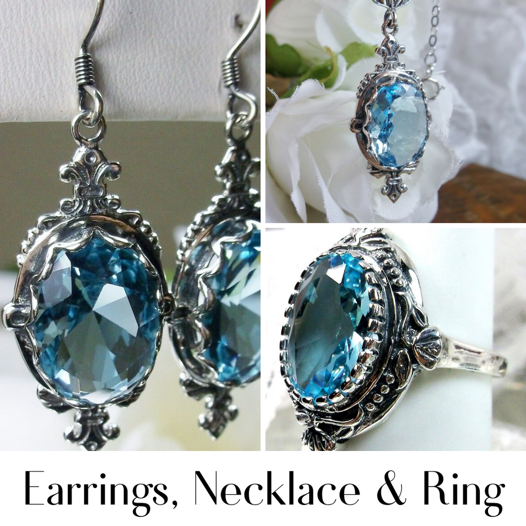 Aquamarine Jewelry Set, Victorian inspired filigree Jewelry, Sky Blue oval gemstones, Pin design S18, Wreath Ring, D74