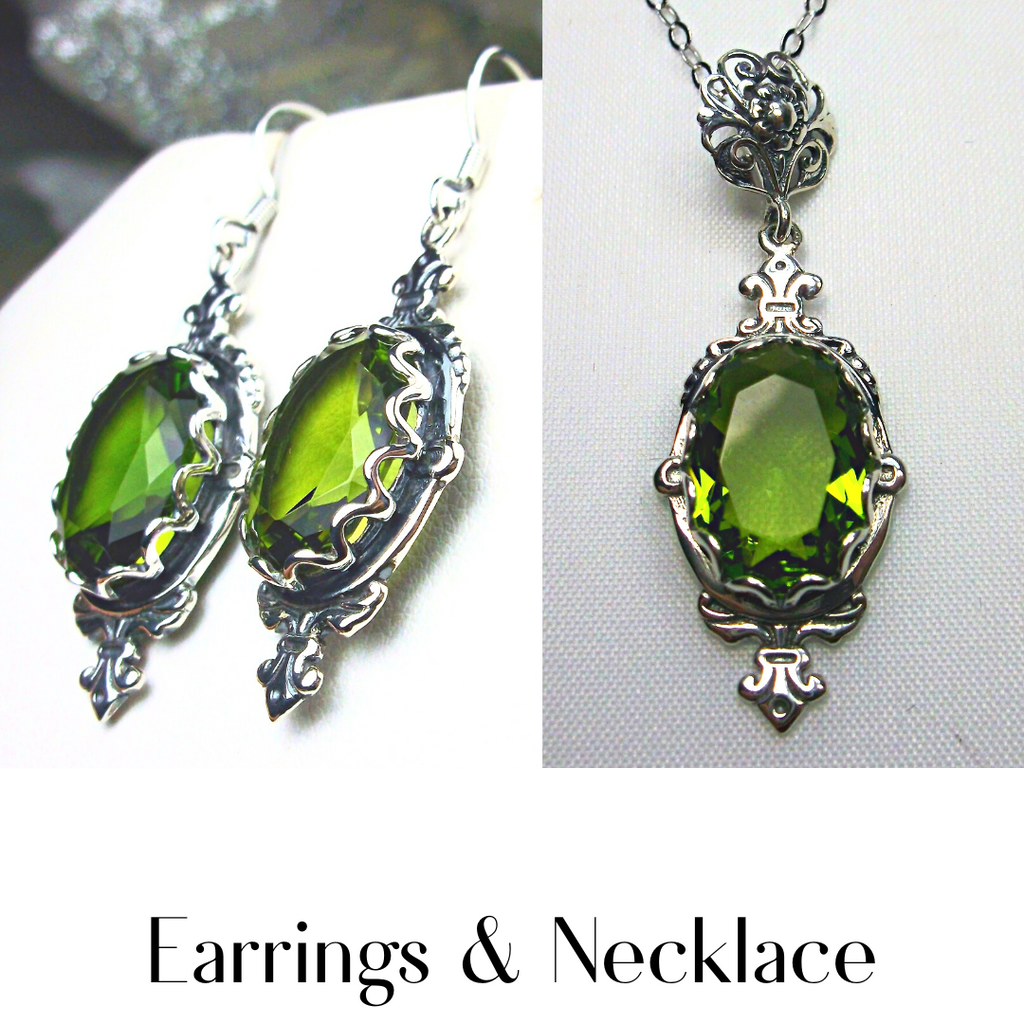 Peridot Jewelry Set, Victorian inspired filigree Jewelry, light green oval gemstones, Pin design S18, Wreath Ring, D74