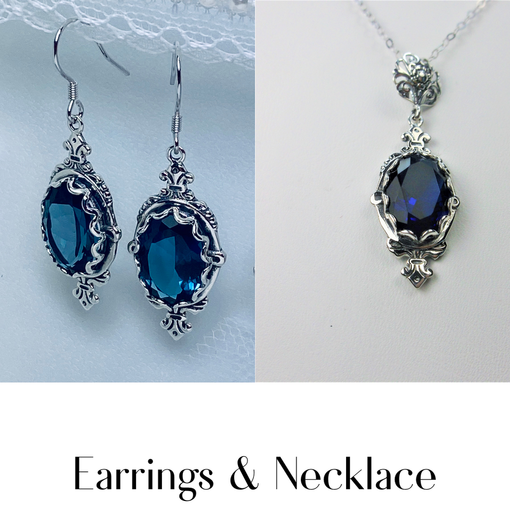 London blue Topaz Jewelry Set, Victorian inspired filigree Jewelry, deep London blue oval gemstones, Pin design S18, Wreath Ring, D74