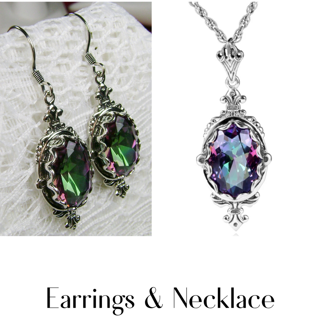 Mystic Topaz Jewelry Set, Victorian inspired filigree Jewelry, Mystic rainbow oval gemstones, Pin design S18, Wreath Ring, D74