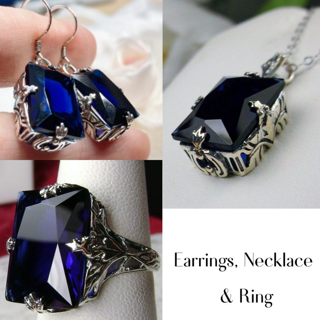 Blue Sapphire Jewelry Set, Rectangle Art Deco Set includes Ring, Earrings & Pendant #S15
