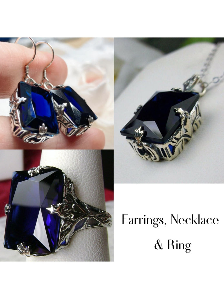 Blue Sapphire Jewelry Set, Rectangle Art Deco Set includes Ring, Earrings & Pendant #S15