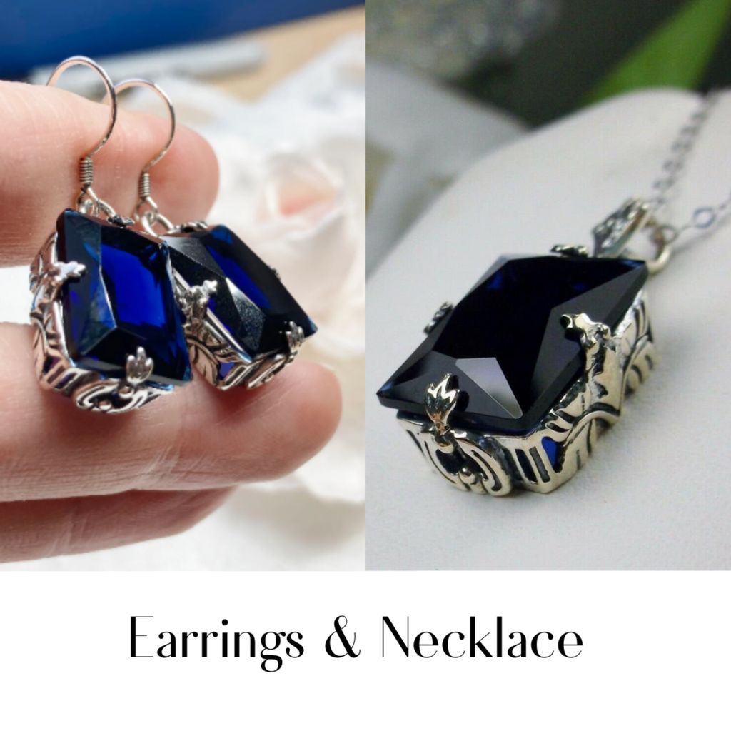 Blue Sapphire Jewelry Set, Rectangle Art Deco Set includes Earrings & Pendant #S15