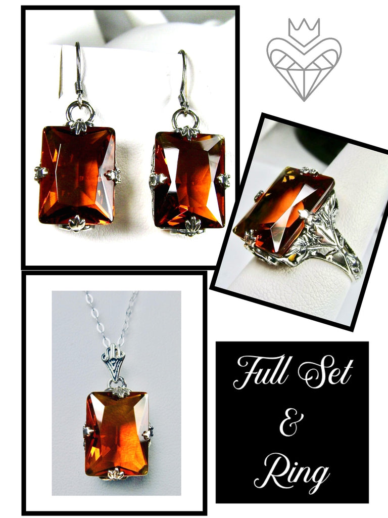 Orange cognac citrine Jewelry Set, Rectangle Art Deco Set includes Ring, Earrings & Pendant #S15