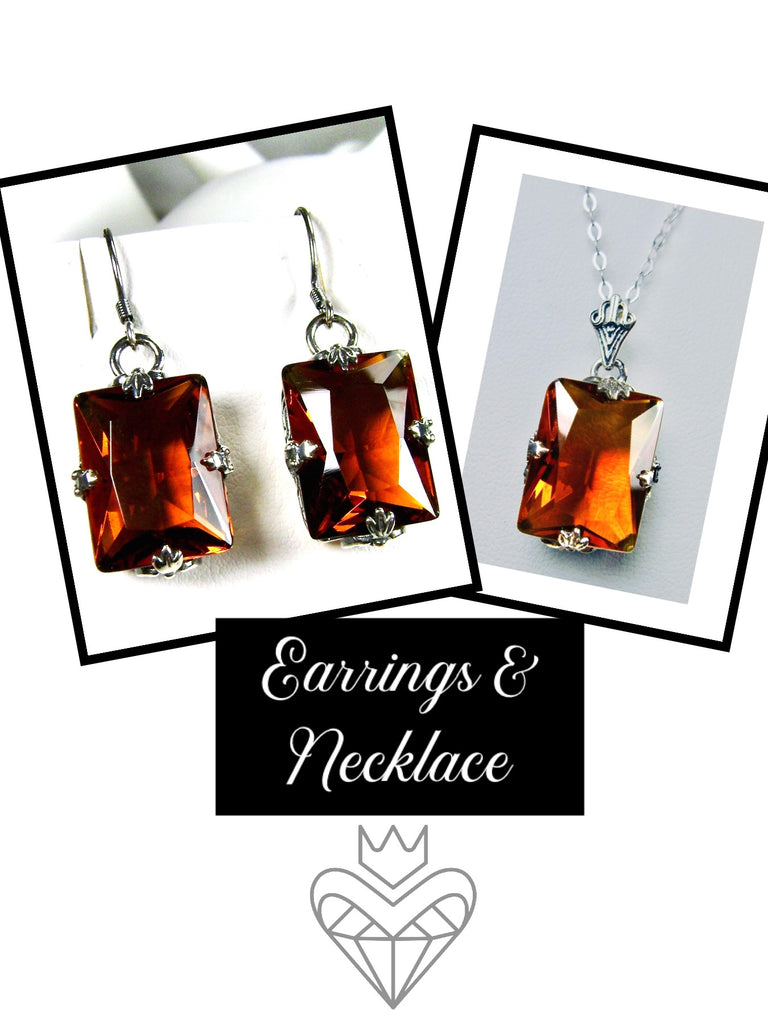 Cognac Orange Citrine Orange cognac citrine Jewelry Set, Rectangle Art Deco Set, Earrings & Pendant #S15