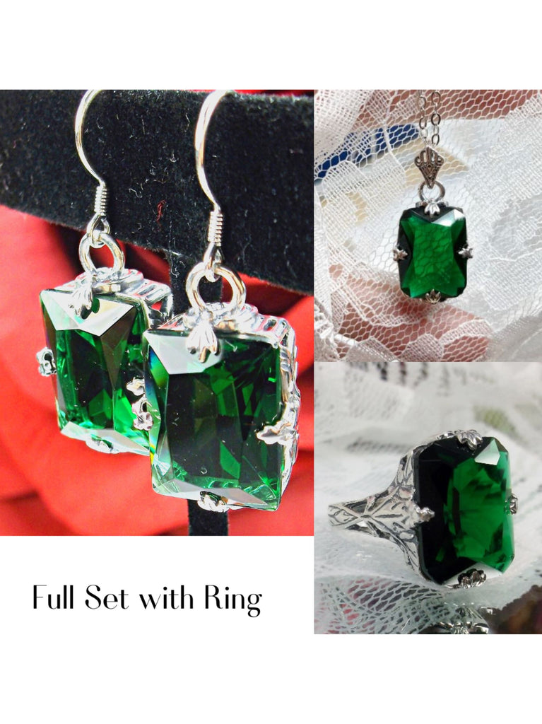Emerald Green Jewelry Set, Rectangle Art Deco Set includes Ring, Earrings & Pendant #S15