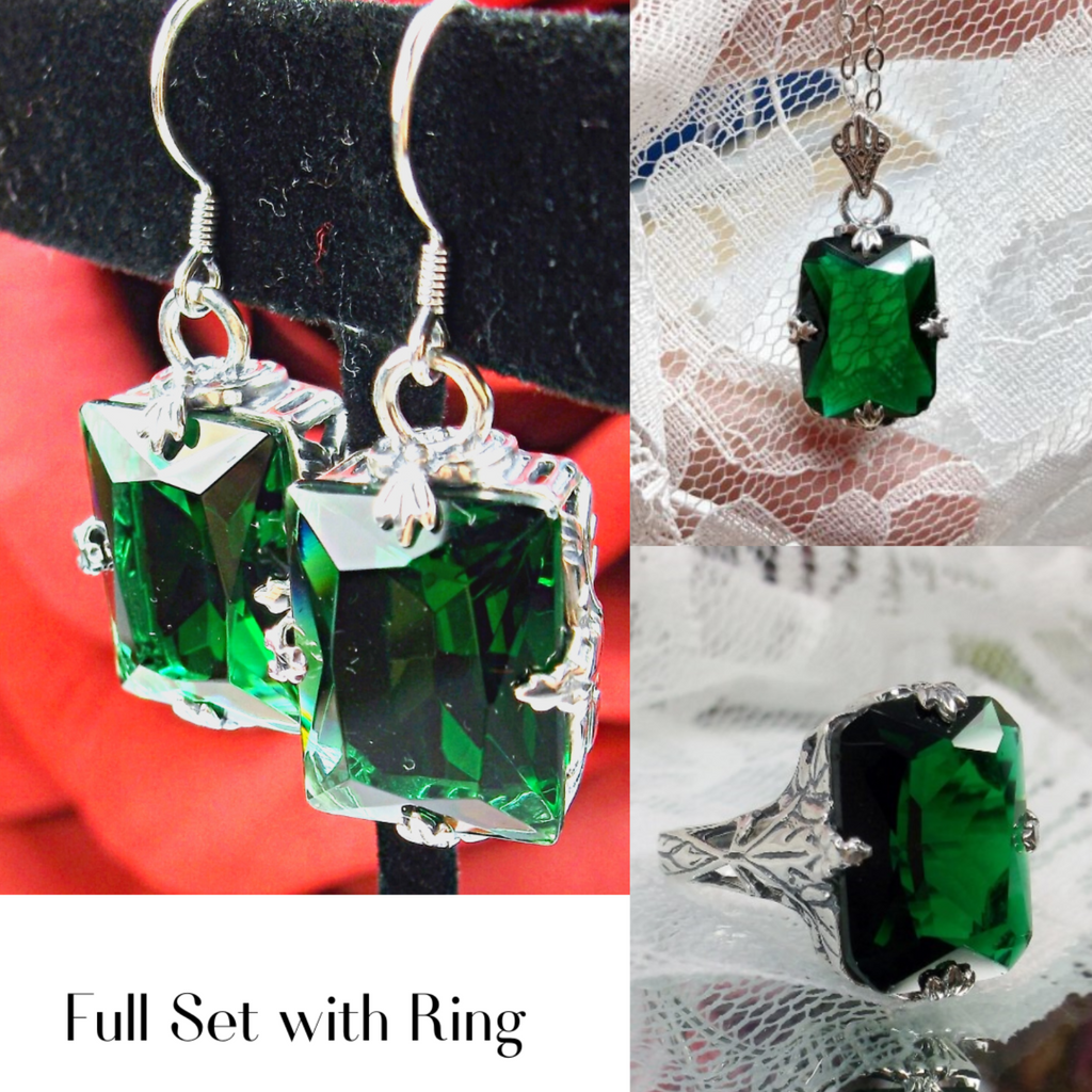 Green Emerald Jewelry Set, Rectangle Art Deco Set includes Ring, Earrings & Pendant #S15