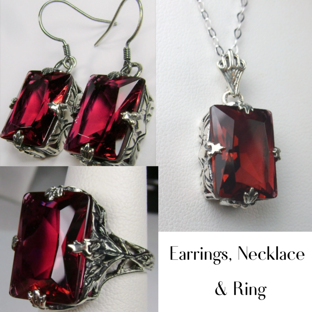 Red Ruby Jewelry Set, Rectangle Art Deco Set includes Ring, Earrings & Pendant #S15