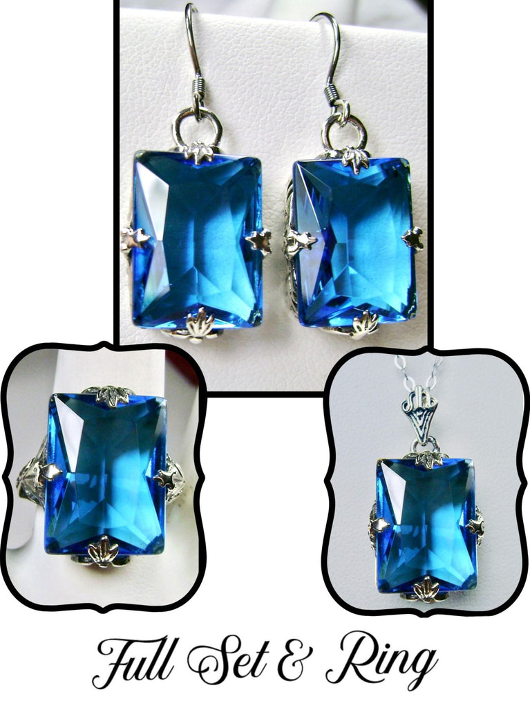 Swiss Blue Topaz Jewelry Set, Rectangle Art Deco Set includes Ring, Earrings & Pendant #S15