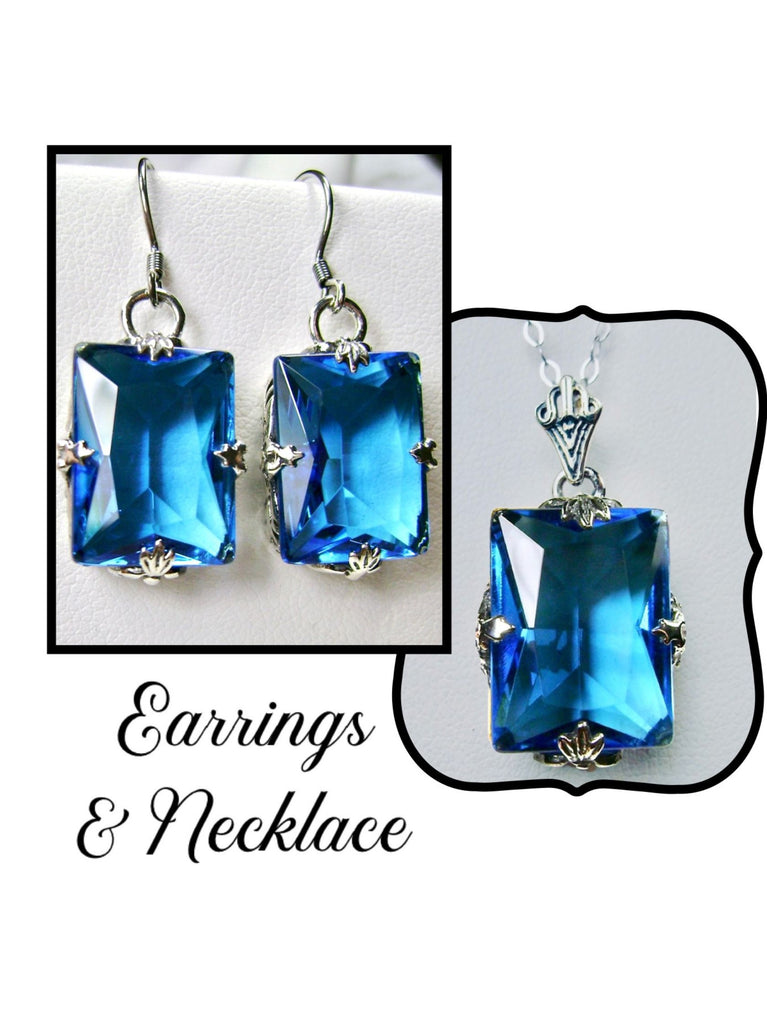 Swiss Blue Topaz Jewelry Set, Rectangle Art Deco Set includes Earrings & Pendant #S15