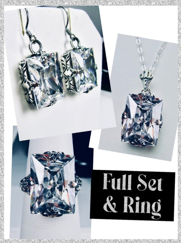 White CZ Jewelry Set, Rectangle Art Deco Set includes Ring, Earrings & Pendant #S15