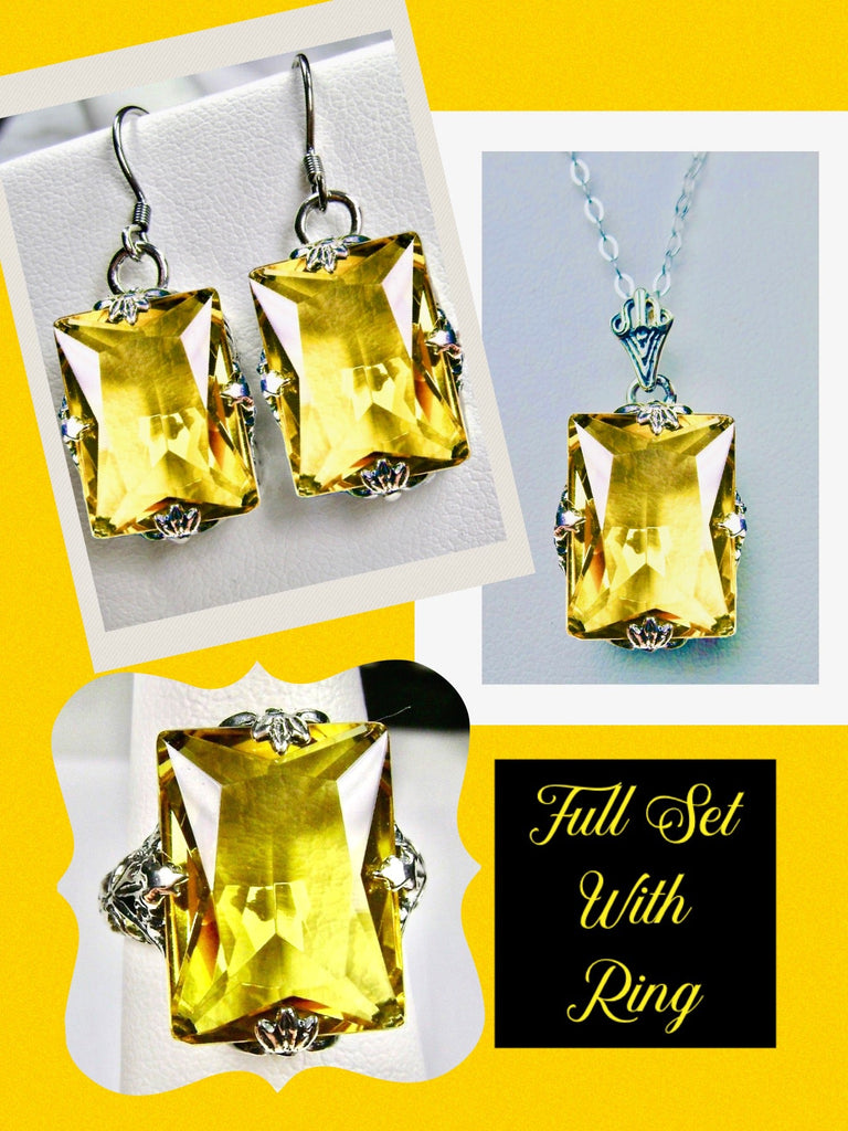 Yellow Citrine Jewelry Set, Rectangle Art Deco Set includes Ring, Earrings & Pendant #S15