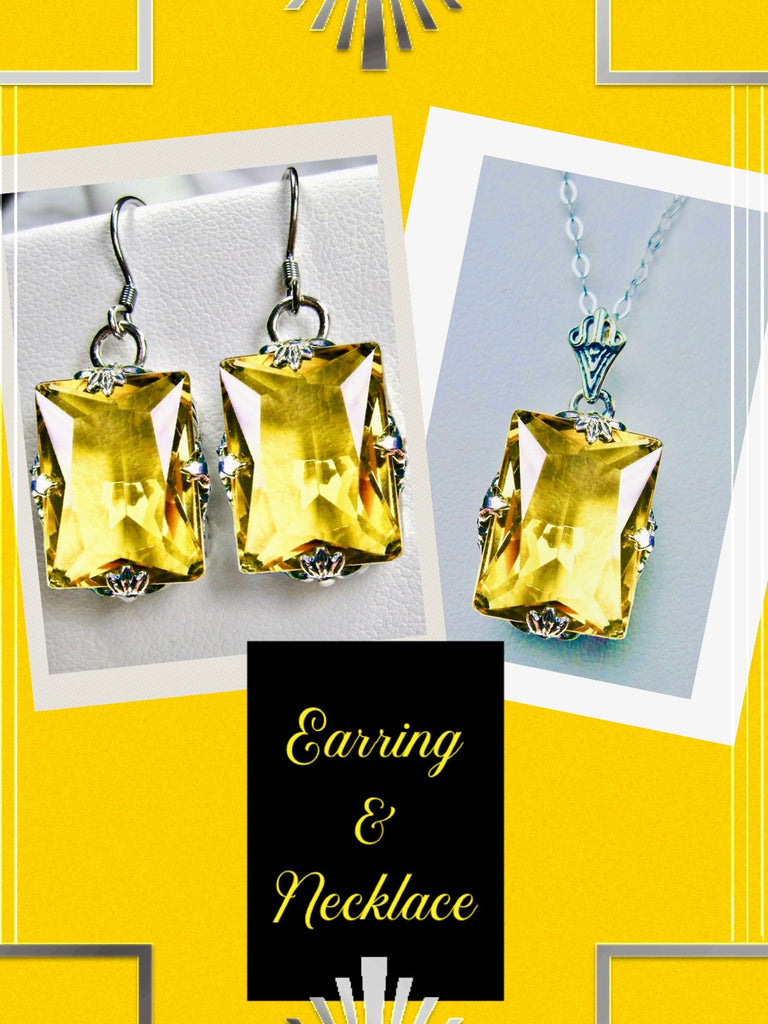 Yellow Citrine Jewelry Set, Rectangle Art Deco Set includes Ring, Earrings & Pendant #S15