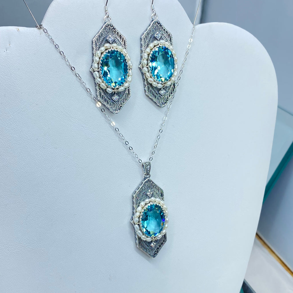 Aquamarine Jewelry Set, Sky Blue Art Deco Earrings and pendant necklace, Blue Aquamarine gem with seed pearls, vintage sterling silver filigree, Silver Embrace Jewelry, E156 Long Seed Pearl Earrings, P156 Long seed pearl pendant, S156 Long Seed Pearl Jewelry Set