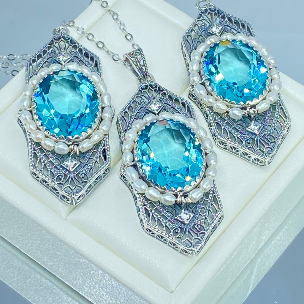 Aquamarine Jewelry Set, Sky Blue Art Deco Earrings and pendant necklace, Blue Aquamarine gem with seed pearls, vintage sterling silver filigree, Silver Embrace Jewelry, E156 Long Seed Pearl Earrings, P156 Long seed pearl pendant, S156 Long Seed Pearl Jewelry Set