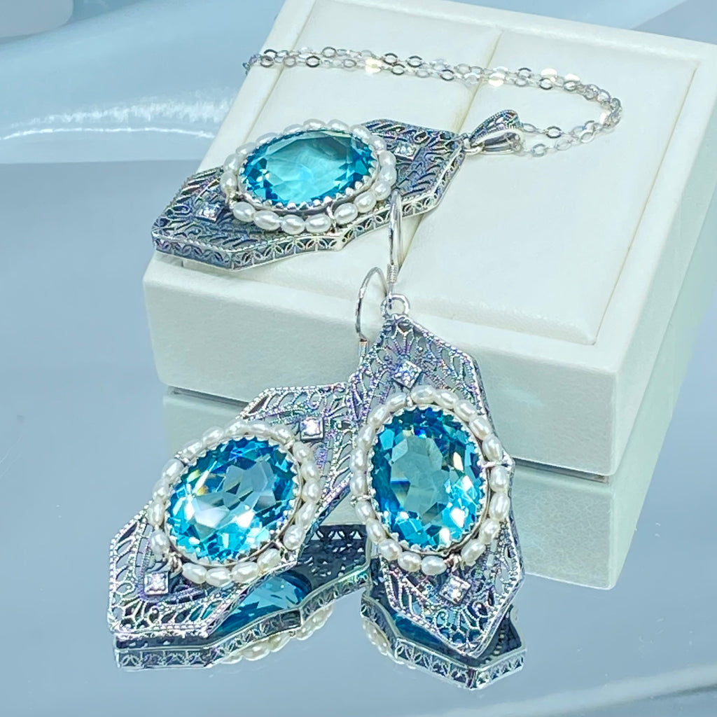 Aquamarine Jewelry Set, Sky Blue Art Deco Earrings and pendant necklace, Blue Aquamarine gem with seed pearls, vintage sterling silver filigree, Silver Embrace Jewelry, E156 Long Seed Pearl Earrings, P156 Long seed pearl pendant, S156 Long Seed Pearl Jewelry Set