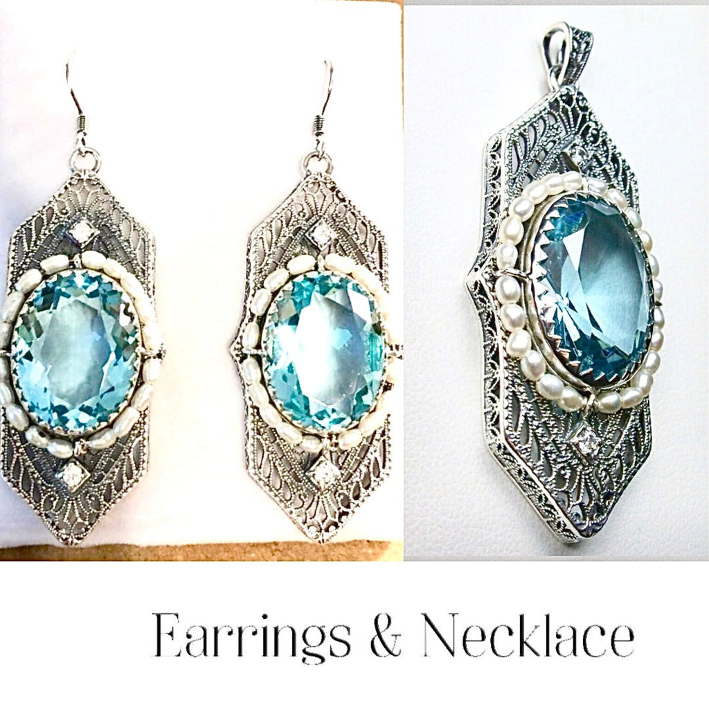 Sky Blue Jewelry Set, Oval Art Deco Set, Earrings & Pendant #S156