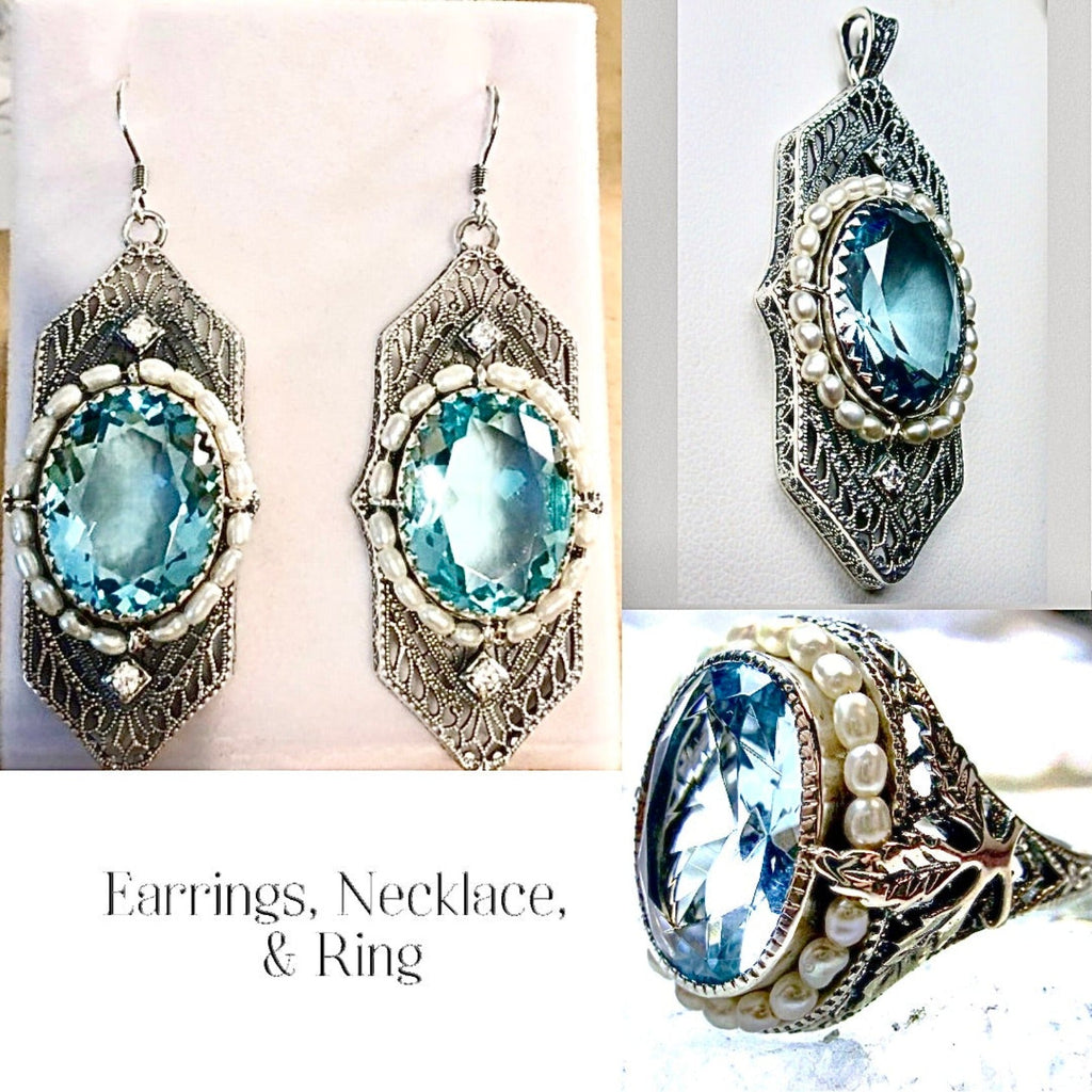 Sky Blue Jewelry Set, Oval Art Deco Set includes Ring, Earrings & Pendant #S156