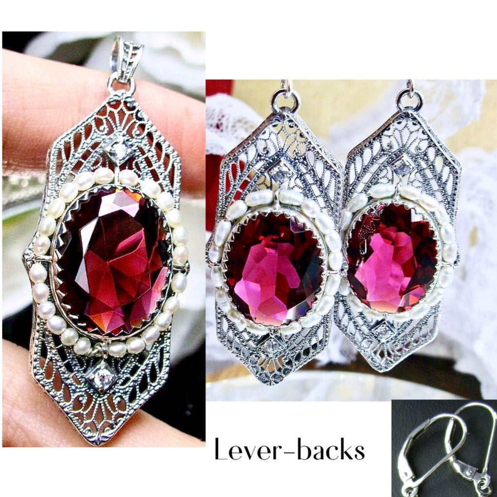 Red Ruby Jewelry Set, Oval Art Deco Earrings & Pendant, Sterling Silver, Silver Embrace Jewelry S156