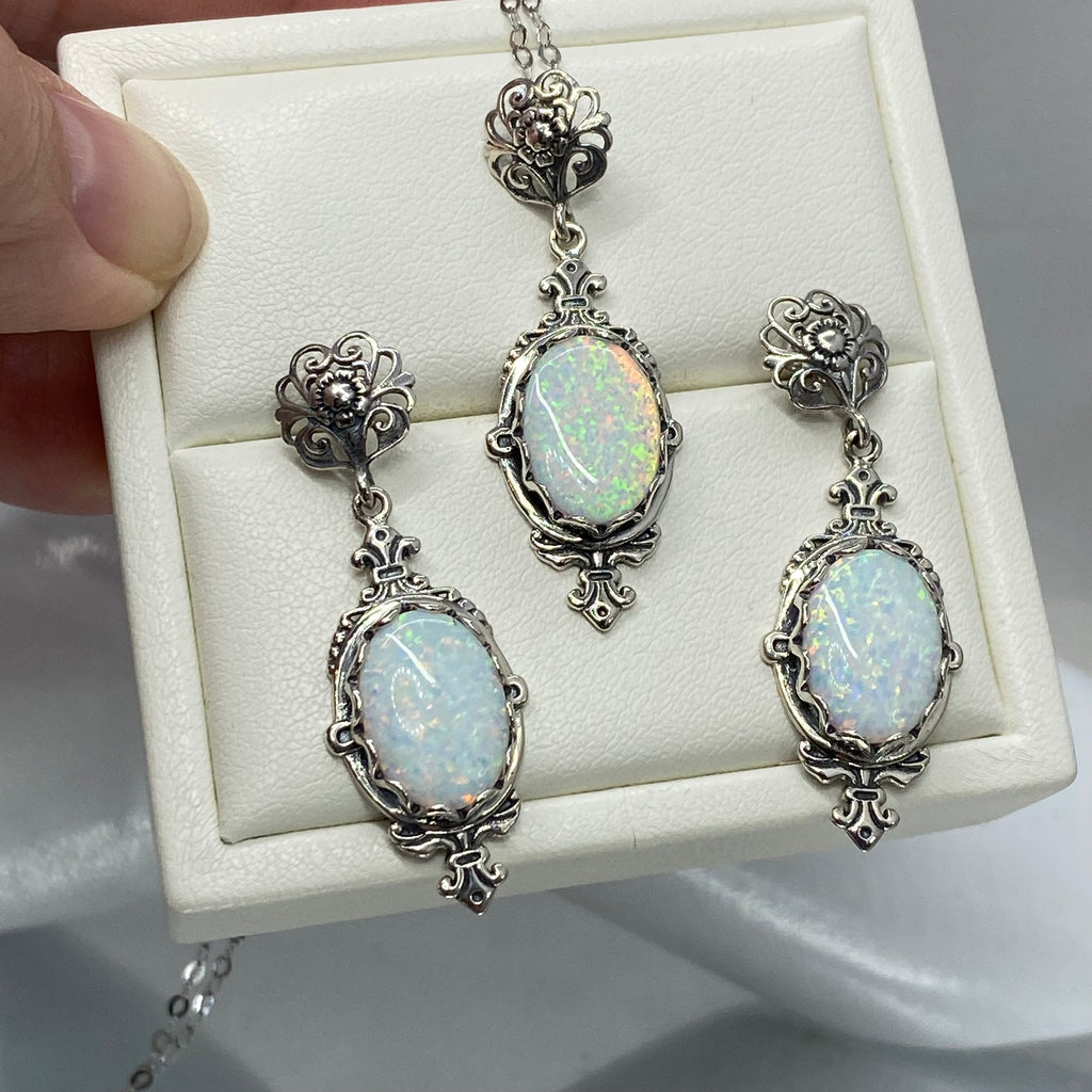 Opal Jewelry Set, Simulated Gem, antique Victorian Filigree, Pin design, Sterling silver Jewelry, Silver Embrace Jewelry S18, P18, E18