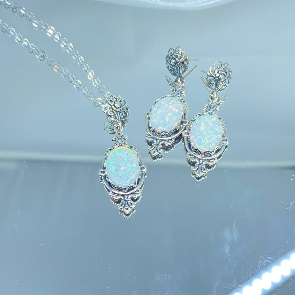 Opal Jewelry Set, Simulated Gem, antique Victorian Filigree, Pin design, Sterling silver Jewelry, Silver Embrace Jewelry S18, P18, E18