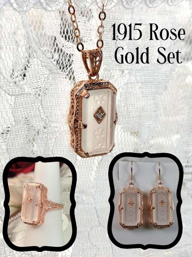 Jewelry Set, carved frosted camphor glass, rose gold plated sterling silver filigree, necklace, ring, and Wire earrings, Silver Embrace Jewelry