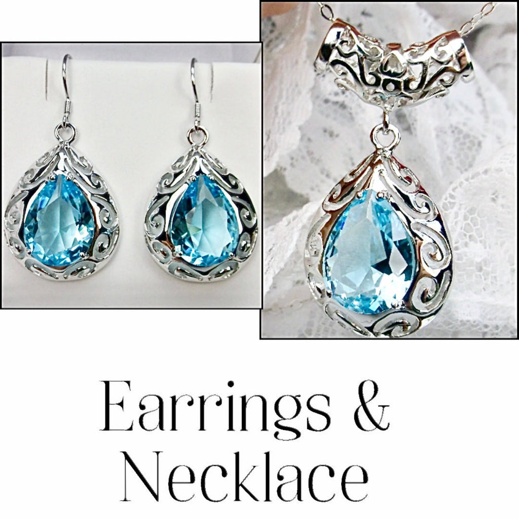 Sky Blue Aquamarine Jewelry Set, Teardrop Art Deco Set includes Earrings & Pendant #S28