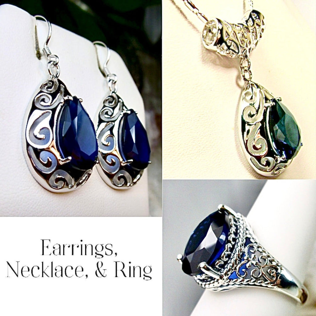 Blue Sapphire Jewelry Set, Teardrop Art Deco Set includes Ring, Earrings & Pendant #S28
