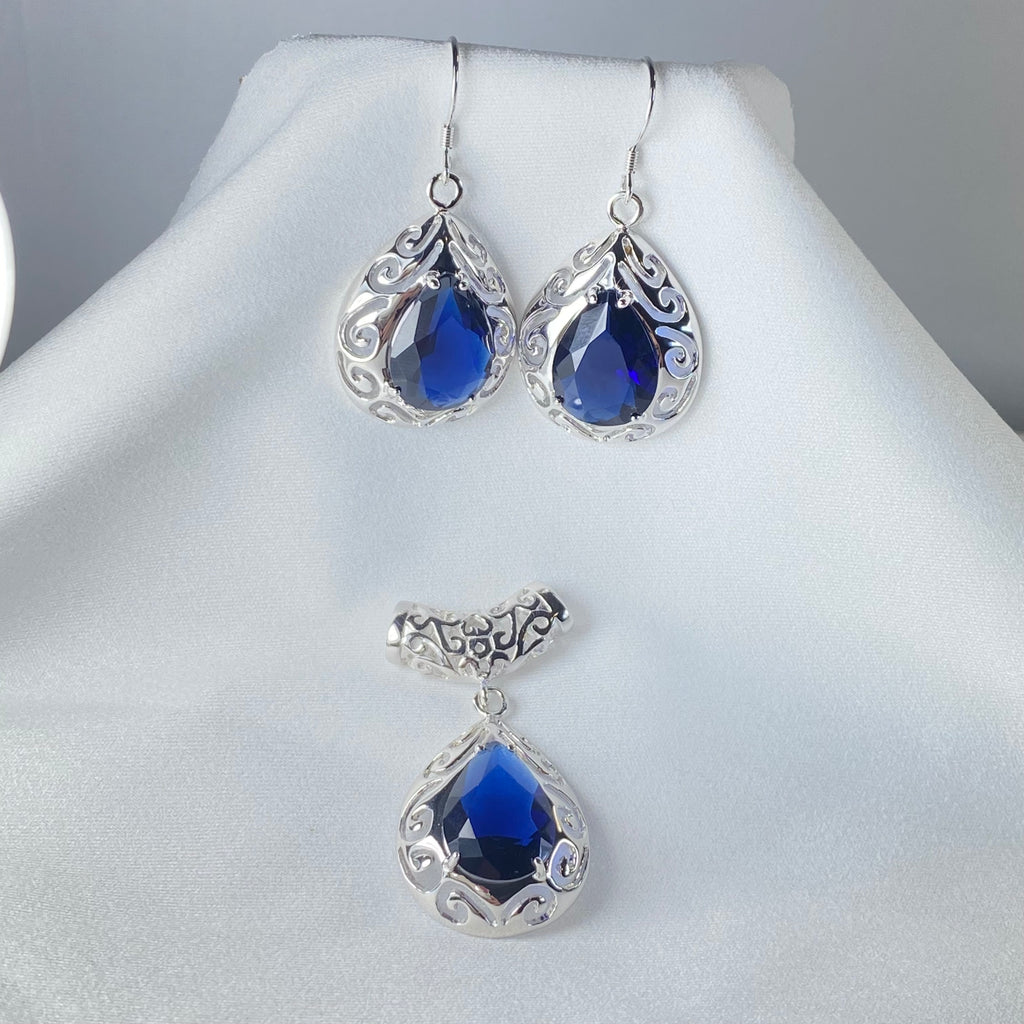 Blue Sapphire Earrings & pendant necklace, wire Earring backs, simulated Gem, Sterling silver Filigree, S28, Silver Embrace Jewelry