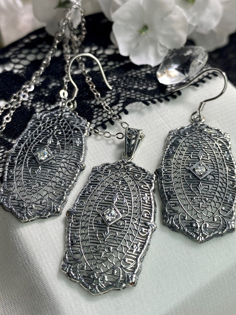 Moissanite Pendant and Earrings, Rococo style, sterling silver filigree, Vintage Antique Jewelry Set, Silver Embrace Jewelry, P358