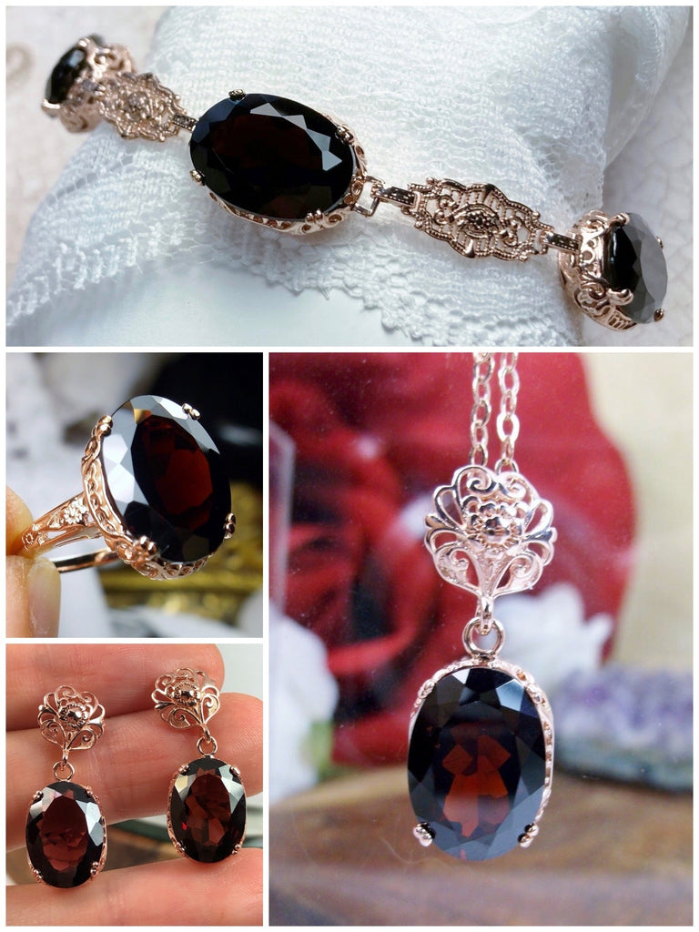Natural Red Garnet Jewelry Set, Rose Gold plated Sterling Silver, Floral Filigree, Bracelet, Earring, Pendant Necklace, Ring, Silver Embrace Jewelry, S70 Edward