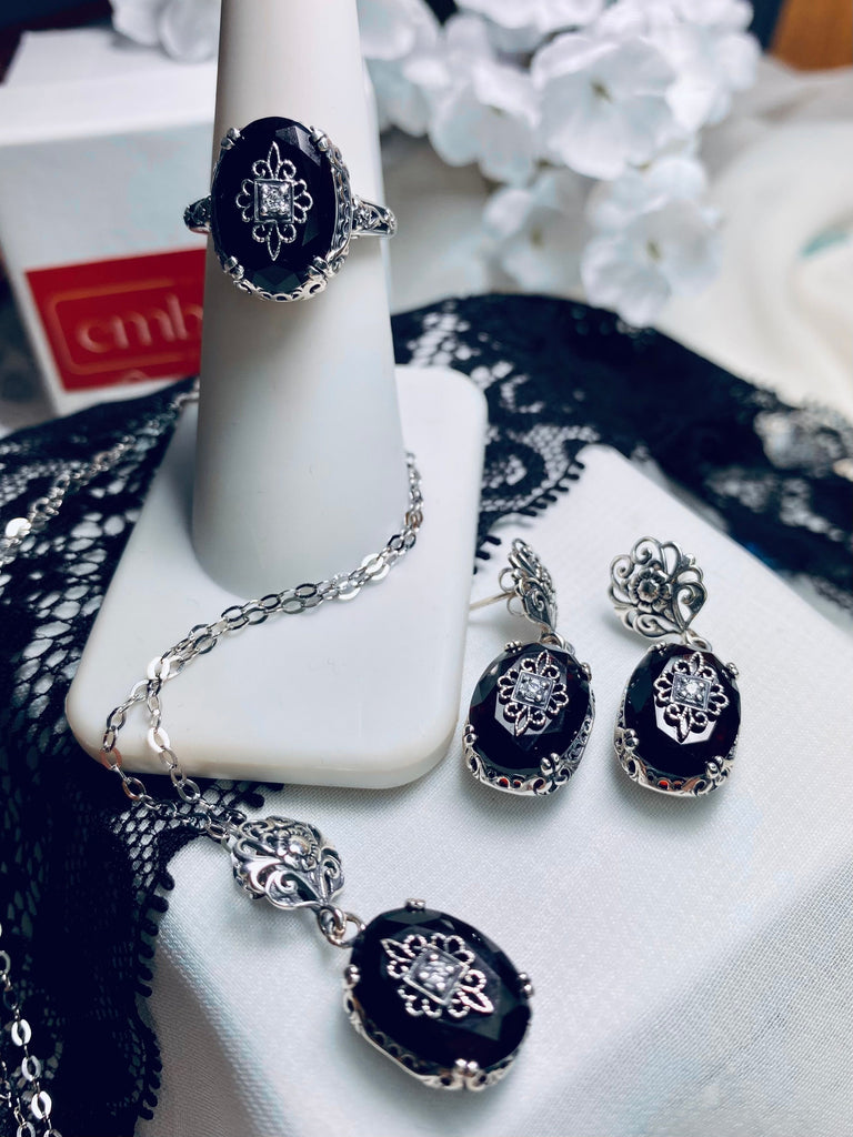 Black Faux Onyx Jewelry Set with ring, Earrings, Pendant necklace, Edward embellished sterling silver filigree, choice of white cz, lab moissanite, or genuine diamond inset gem, Silver Embrace jewelry, S70e