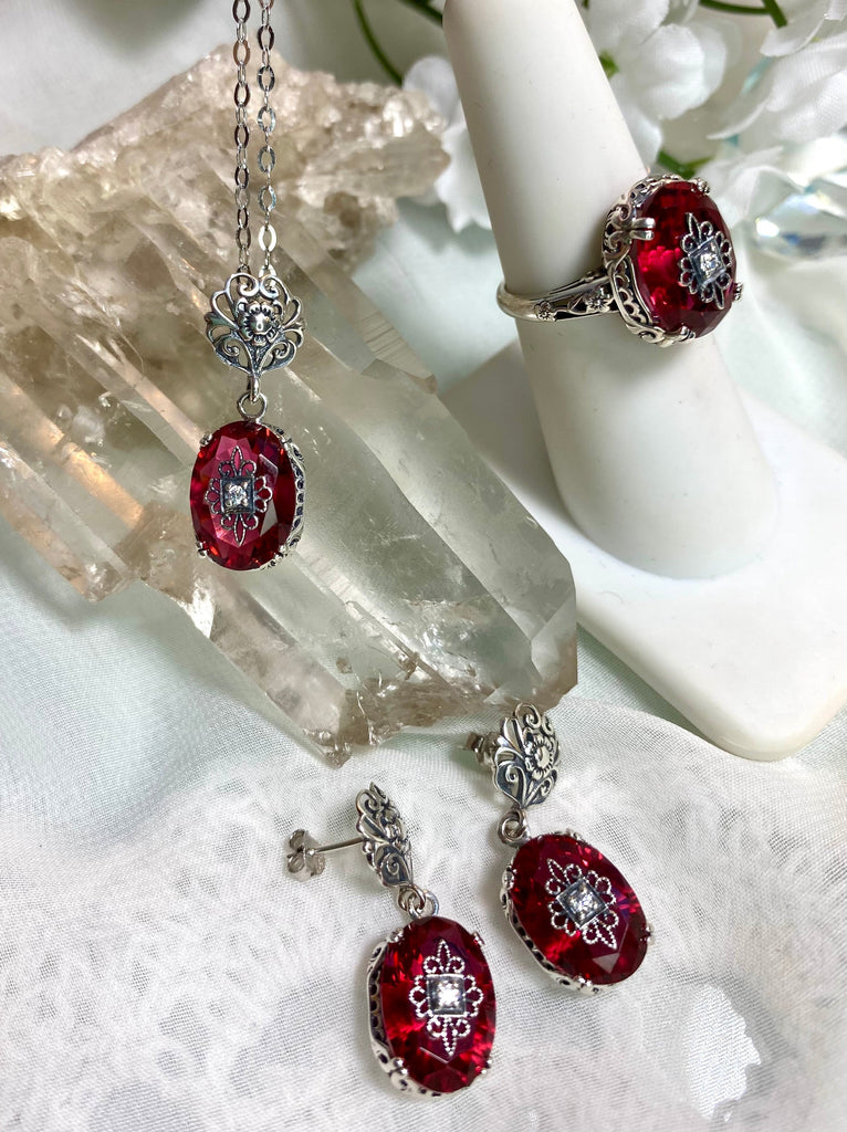 Pink Crystal Jewelry Set with Necklace, Earrings and Ring, Sterling Silver Embellished Edwardian Ring, CZ, Moissanite or Natural Diamond Inset, Edward design, Silver Embrace Jewelry