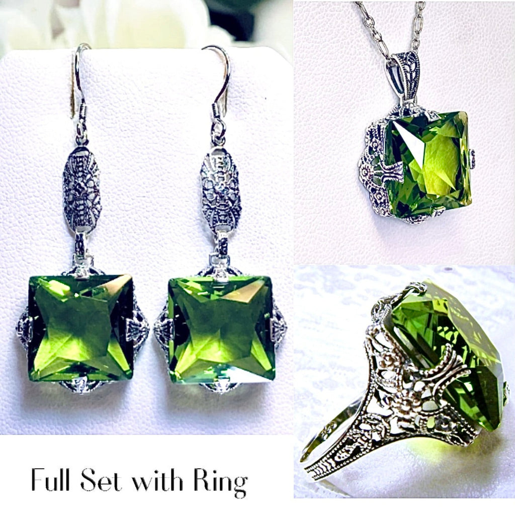 Peridot Jewelry Set, Square Victorian Set of Ring, Earrings, & Pendant, Sterling silver filigree, S77, Silver Embrace Jewelry