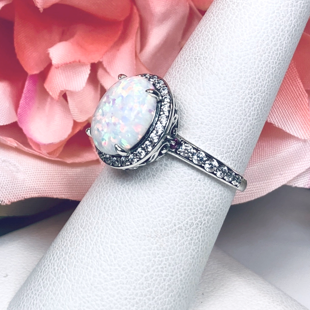 Opal gem ring surrounded by White CZ gemstones, with White CZ gems down the side of the ring, Opal Ring, Art Deco Sterling silver Filigree, D228 | Silver Embrace Jewelry