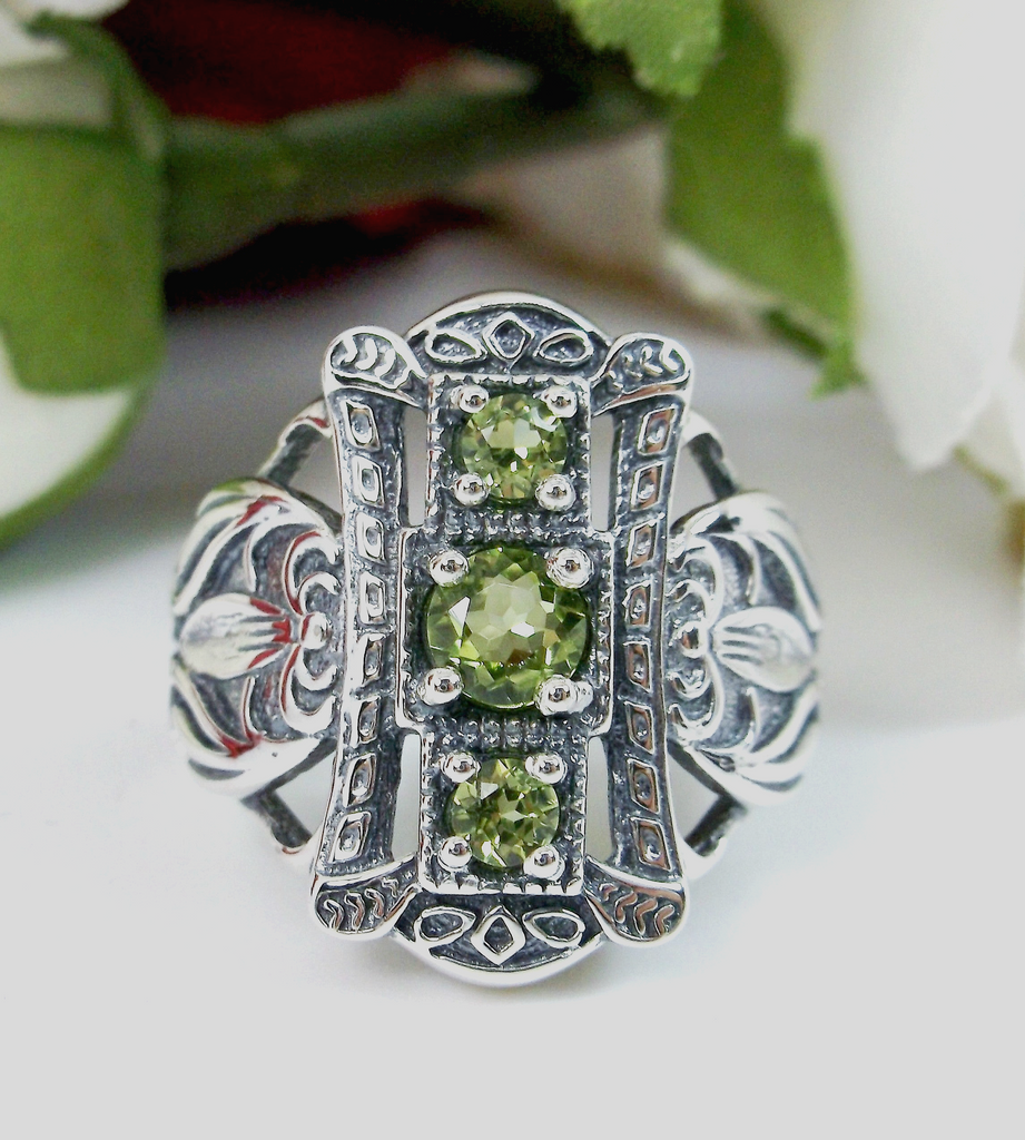 Natural Peridot Ring, Triple Green gem, Sterling Silver Filigree, Edwardian style, 3 Stone Beast, D63, Silver embrace Jewelry