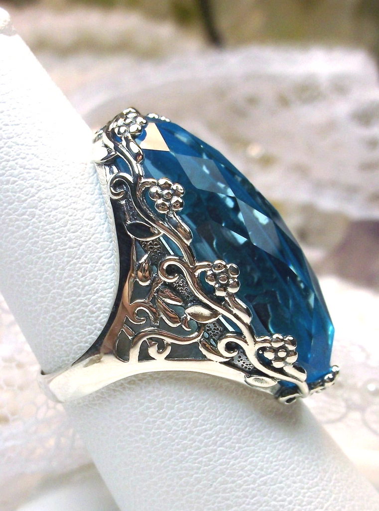Sky Blue Aquamarine Ring, Vintage Jewelry, Large Oval Gemstone, Rosey, D97, Silver Embrace Jewelry, Sterling Silver Filigree