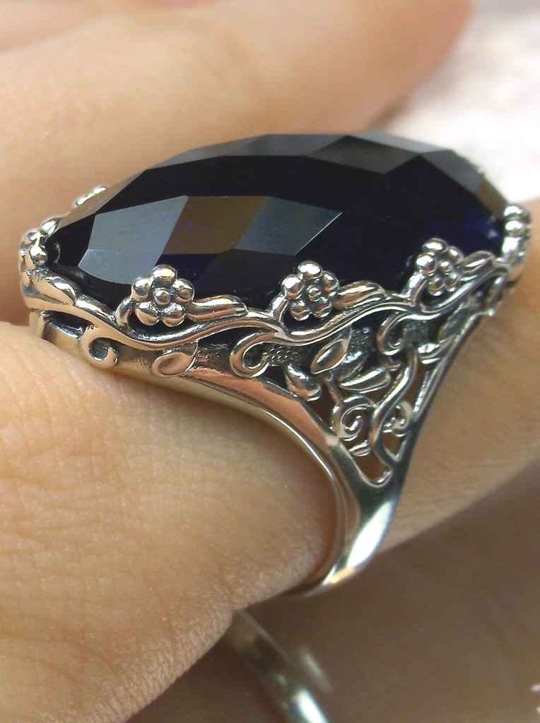 Blue Sapphire Ring, Victorian Filigree Jewelry, Sterling Silver, Silver Embrace Jewelry, Rosey D97