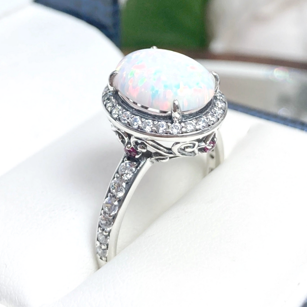 Opal gem ring surrounded by White CZ gemstones, with White CZ gems down the side of the ring, Opal Ring, Art Deco Sterling silver Filigree, D228 | Silver Embrace Jewelry