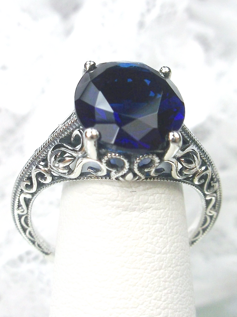 Blue Sapphire Ring, Swan Sterling Silver Filigree, Art Deco Jewelry, D190 Swan Ring