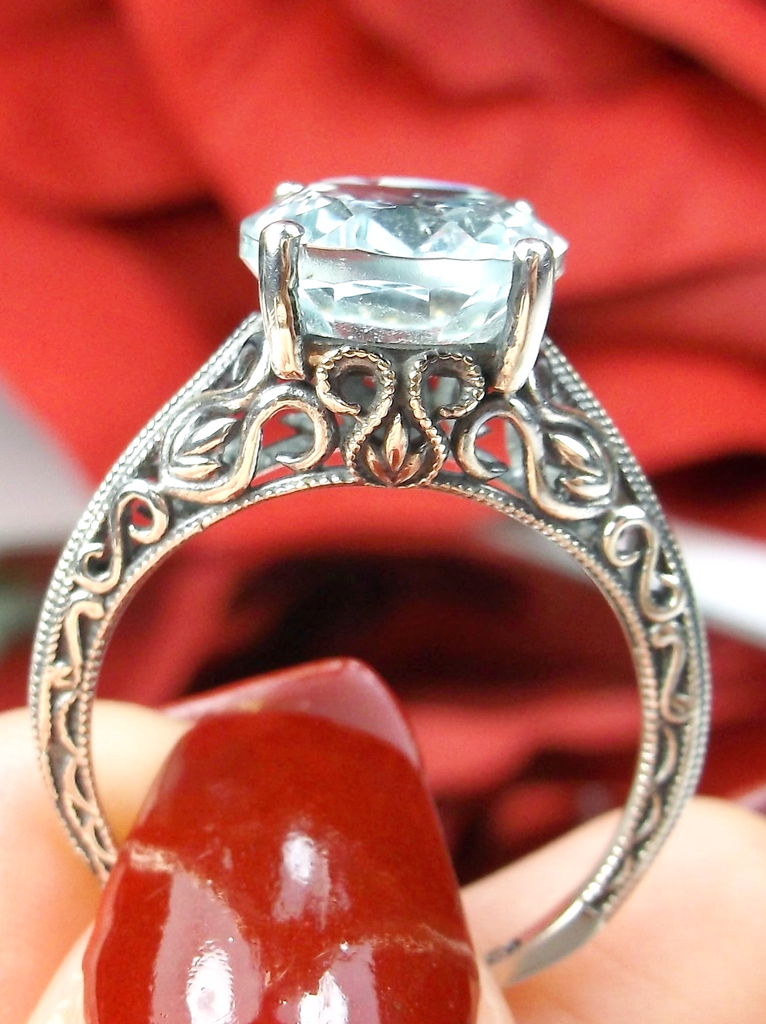 Natural Aquamarine Ring, Sterling Silver Filigree Jewelry, Swan design, Silver Embrace Jewelry