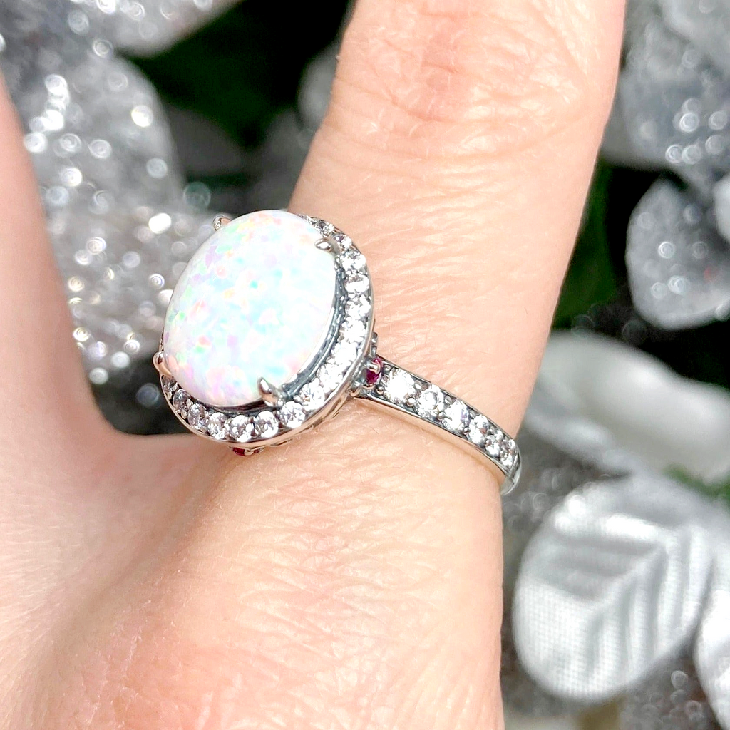 Opal gem ring surrounded by White CZ gemstones, with White CZ gems down the side of the ring, Opal Ring, Art Deco Sterling silver Filigree, D228 | Silver Embrace Jewelry