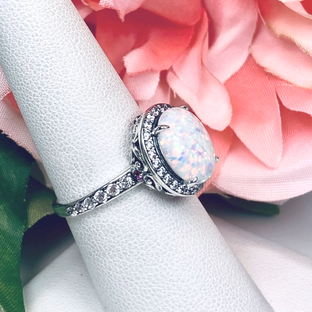 Opal gem ring surrounded by White CZ gemstones, with White CZ gems down the side of the ring, Opal Ring, Art Deco Sterling silver Filigree, D228 | Silver Embrace Jewelry