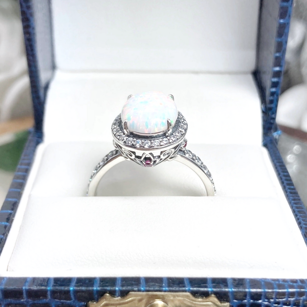 Opal gem ring surrounded by White CZ gemstones, with White CZ gems down the side of the ring, Opal Ring, Art Deco Sterling silver Filigree, D228 | Silver Embrace Jewelry