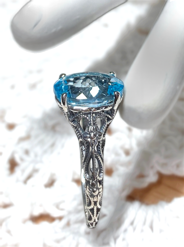 Natural Blue Topaz Ring, Medieval Floral filigree, Oval Gem, Vintage Sterling Silver Jewelry, Silver Embrace Jewelry, D173