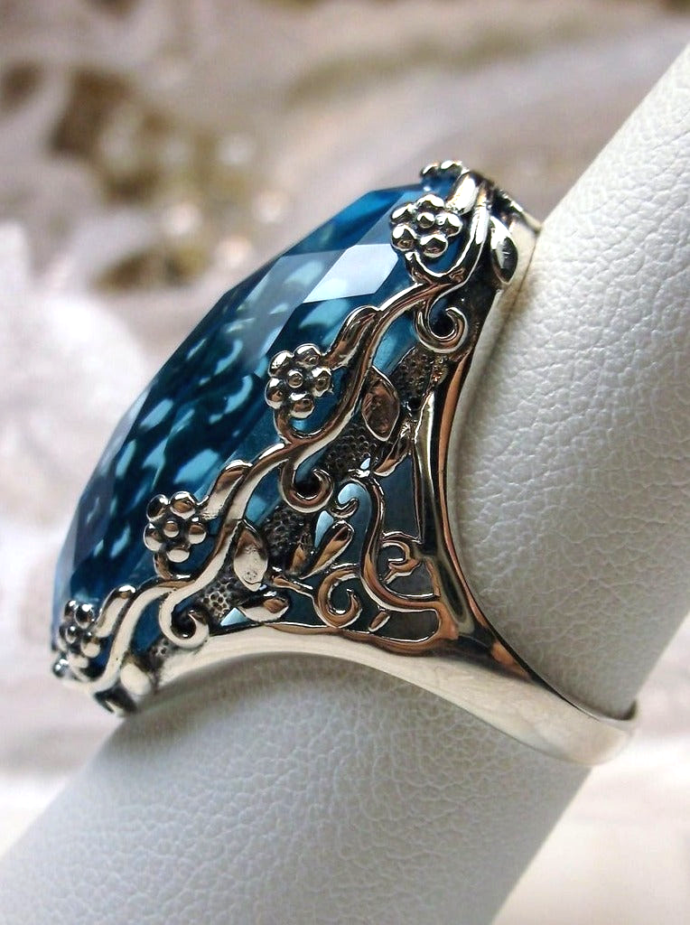 Sky Blue Aquamarine Ring, Vintage Jewelry, Large Oval Gemstone, Rosey, D97, Silver Embrace Jewelry, Sterling Silver Filigree