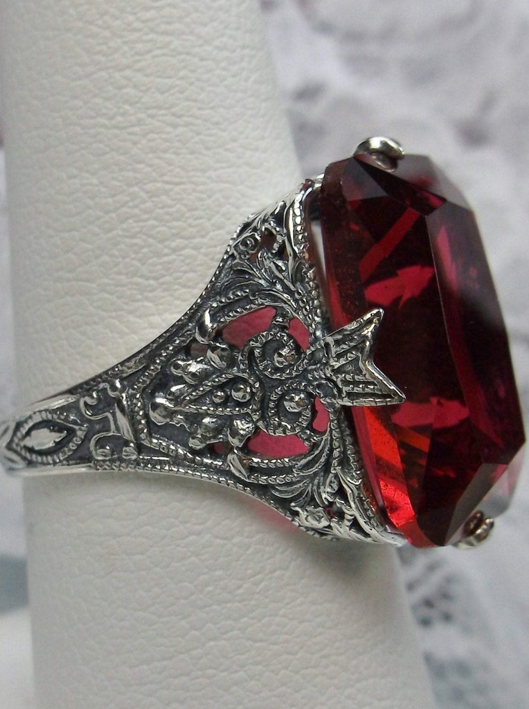 Ruby Red Ring, Edwardian style, sterling silver filigree, with flared prong detail, Treasure design
