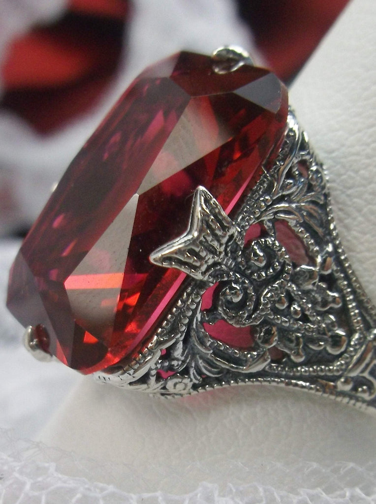 Ruby Red Ring, Edwardian style, sterling silver filigree, with flared prong detail, Treasure design